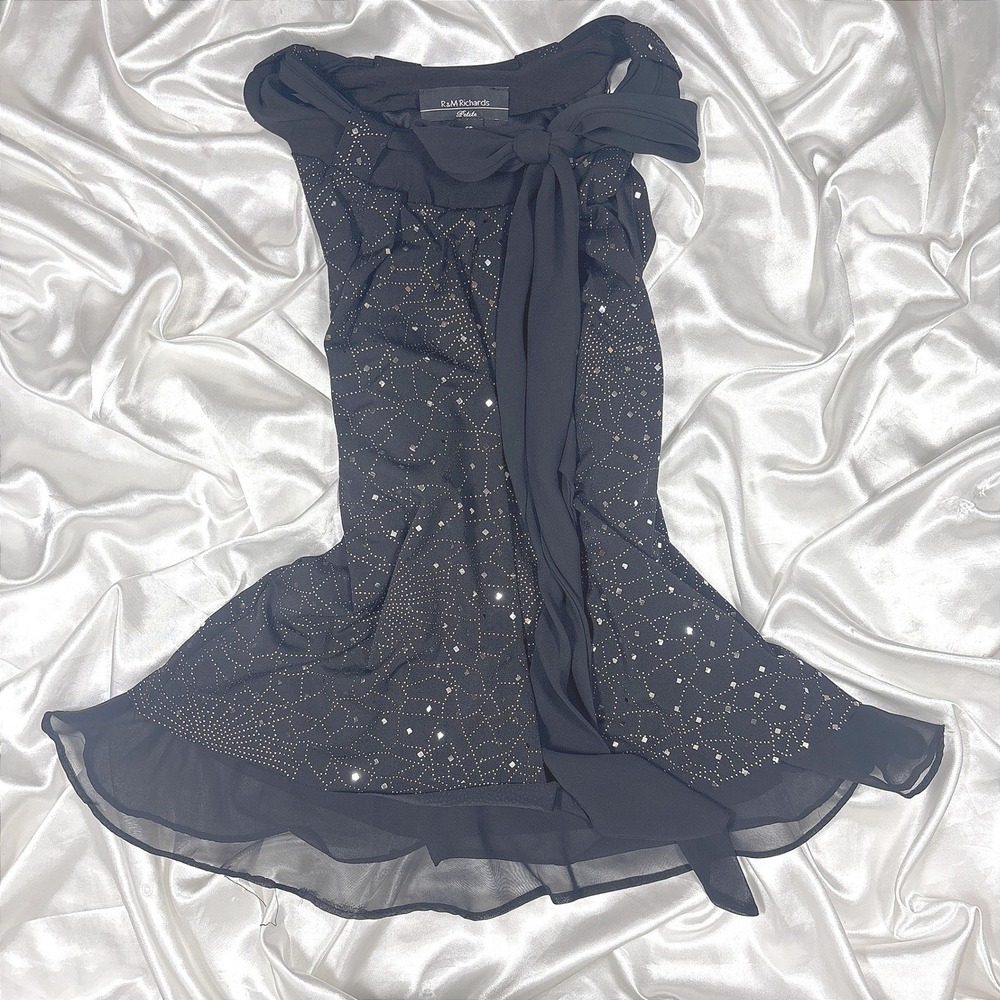 y2k R&M Richards Evening Top Black Excellent Sequin Glitter Bow Ruffle 6P